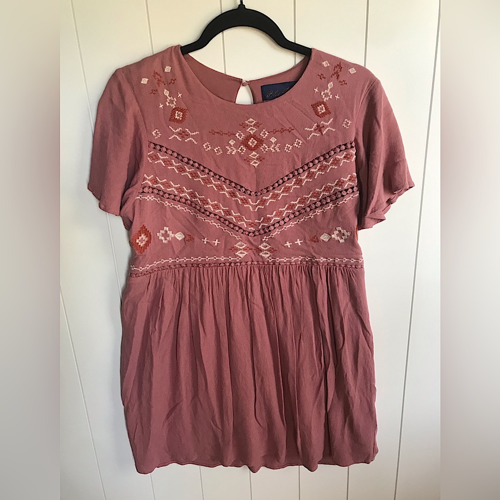 Pink Dress / embroidered detail top / flowy short sleeve dress / Short Dress